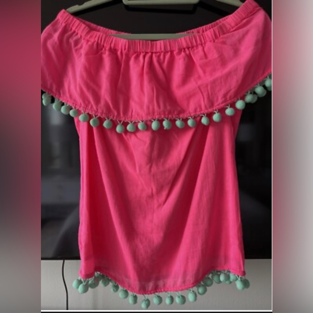 Sail to Sable off Shoulder Cotton Top with Pom Poms